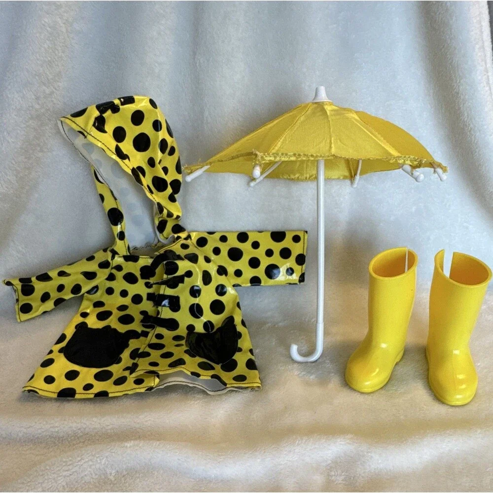 American Girl Doll Yellow Polka Dot Raincoat Outfit Set w/ Umbrella & Boots 4-PC